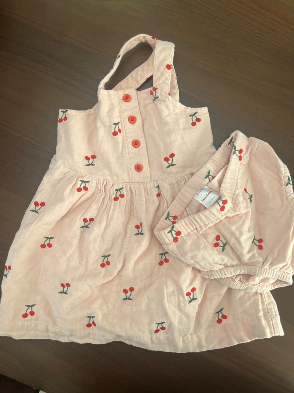 Hanna Anderson Light Pink Cherry Print Sundress with Bloomers size 2T.